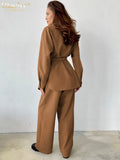 Fashion Loose Brown Two Piece Sets Womens Outifits Elegant Lapel Long Sleeve With High Waist Straight Pants Set