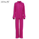 Pleated 2 Piece Women Pants Sets Loose Shirts And Wide Leg Long Pants Suit Ladies Outfits Fashion Office Two