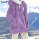 Women Jacket Autumn Winter Long Sleeve Warm Color Block Zipper Fluff Hooded Oversized Coat Jacket Female Clothing