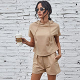 Summer New Solid Color Hooded Sweater Short-Sleeved Shorts Suit Women's Two-Piece Casual