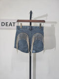 Denim Shorts Slim Contrast Color Patchwork Crystal Tassel High Waist Mini Short Pants 2024 Summer New Fashion 29L0423H-Outfit