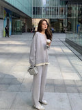 Winter Knitted Sweater Pant Sets Women Fashion O Neck Tops & High Waist Wide-Legged Pants Suits Female Solid Sporty