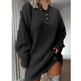 2022 Autumn Winter Sweater Dress Solid Color V Neck Lace Up Knitted Mini Dress Casual Loose Elegant Thick Warm Sweater