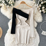 Spliced Fashion Knitted Dress Women Long Sleeve Elastic Waist Short Sweater Dress 2022 Winter Sexy Bodycon Warm