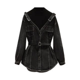 Women's Denim Coat Lapel Patchwork Pocket Single Breasted Belt Fake Two Piece Shirt Jackets 2024 Summer New Fashion 29L157-Outfit