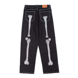 High Street Dark Bone Printed Jeans Men's Tide Brand Loose Minority Design Wide-Legged Straight Trousers-Outfit
