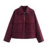 Autumn Fashion Wine Red Big Pocket Zipper Hair Coat Women's Clothing
