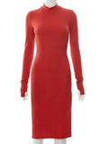 Turtleneck Knee Length Dresses For Women Sexy Side Split Elegant Long Sleeve Bodycon Chic Autumn Fashion Dresses