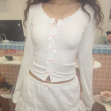 Bow Fashion Girl's Long-Sleeved Blouse 2024 New Lace Collar Hot Girl Fashion Navel T-Shirt-Outfit