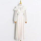 Ruffle Ruched Hollow Out Solid Color Women's Dress O Neck Puff Sleeves High Waist Elegant Long Dresses Female