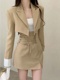 Piece Dress Set Women Casual Y2k Crop Tops Elegant Jacket Coats + Mini Skirts Korean Fashion Suits 2022 Autumn Blazers
