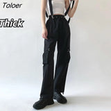 Pants Casual Solid Straps Design Pockets Street Wear High Waist Ins Femme Stylish College BF Cool Girls Punk All-match