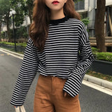 Women Retro Striped Long Sleeve Tops Leisure Simple Students All-match T Shirt Soft Warm Korean Womens Autumn