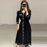 O-Neck Casual Belt Slim Long Sleeve Korean Style 2021 Fashion Women A-Line White Autumn Midi Spring Knitted