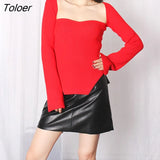 Rrib Knitting Solid Sweaters for Women Slim Elegant Square Collar Long Sleeve Irregular Length Design Casual