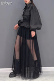 Plain Dress For Women Lapel Lantern Sleeve Patchwork Mesh High Waist Pocket Temperament Long Dresses Female 2023