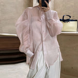TWOTWINSTYLE Loose Two Piece Set Womens Square Collar Sleeveless Tank Tops Lapel Long Sleeve Blouses Solid Sets Females