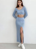 Winter Graceful Knitted Dress 2 Pieces Set Long Sleeve Cropped Sweater+Slit Skirt Suits Female Sexy Soft Pullover