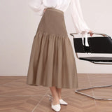 Vintage Patchwork Midi Skirt For Women High Waist Loose Ruched Solid Long Skirts Female Summer Clothing Style