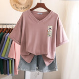 100% Cotton L-6XL T Shirt Plus Size Tshirt Short Sleeve Women Top Summer Japan Cartoon Print V Neck Oversized T