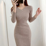 Long Sleeve Knitted Dresses for Women Party Robe Female Autumn 2023 Retro V-neck Bodycon Dress Korean Slim Waist