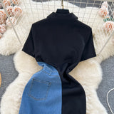 Port Style Retro Denim Dress Girl Design Bump Color Splicing In The Long Short-Sleeved Temperamental