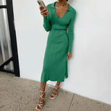 Turn Down Collar Long Sleeve Midi Knitted Dress High Split Autumn 2021 Chic Knitwear Elegant Female Aesthetic