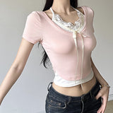 Sweet Spice Girl Lace Splicing Collision Color Fake Two Lace-Up Short-Sleeved T-Shirts Sweet Jackets For Women-Outfit