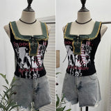Shooting Hottie Hairy Denim Spliced Printed Vest With Bows Short Sleeveless Top