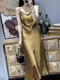 Summer New High-Grade Silk Surface Acetic Acid Temperament Long Suspender Dress V-Collar Pleated Gas Skirt-Outfit
