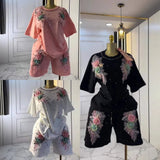 Set European Dress Design Butterfly Set Drill Short Sleeve T-Shirt Blouse Woman + Tight Waist Broad Leg Shorts Two