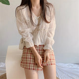 White Blouse Spring Hollow V-neck Blouse Women Fashion Flower Loose Ladies Shirt Korean Sweet Long Sleeve Blusas