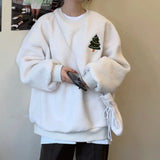 Autumn Winter Casual Oversized Fluffy Hoodie Women Christmas Tree Snowman Embroidery Fleece Pullover Sweatshirt Matching