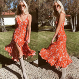 Elegant Polka dot boho women midi summer dress Sexy v-neck strap button A-line dress Female print beach