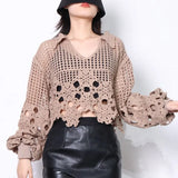 Casual Plain Shirt For Women V Neck Loose Long Sleeve Patchwork Cut Out Pullovers Female 2022 Spring Clothing