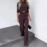 Women Korean Solid Short Tops Two Piece Sets Simple Round Neck Loose Straight Long Pants Set High Waist Ladies Autumn-Outfit