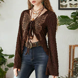 Texture Fabric Vintage Brown Lace Loose Leisure Butterfly Cardigan Jacket Early Autumn 2023-Outfit