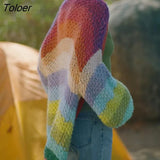 Rainbow Stripe Cardigan Sweater Women Autumn Winter Hand-stitched Knit Cardigan Jacket Jumper Loose