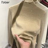 Turtleneck Slim Thicken Knitted Solid Color Pullovers Woman Autumn Winter Plus Velvet Sweater Casual Fleece Lined Warm
