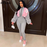 Pink Baseball Faux Fur Winter Jackets For Women 2021 Patchwork Button Crop Top Casual Jackets Coats Varsity Bomber