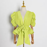 Elegant Loose Women Shirt V Neck Puff Half Sleeve Tunic Lace Up Bow Patchwork Ruffles Blouse Female Fashion