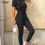 Solid Jumpsuit Women Summer 2021 Deep V Neck Button Shirt Overalls Short Sleeve Office Lady One Piece Romper