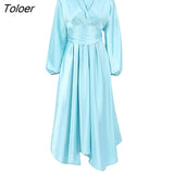 Satin Blue Elegant Dresses For Women A-Line Wrap Party Belt Lace Up Robes Femme Silky Autumn Pleated Romantic Midi