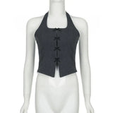 y2k Grey Sleeveless Slim Split Vest Women Bow Stitched Halter Tank Top Chic Fashion Crop Tops 90s Vintage Clothes-Outfit