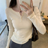 Super-Good-Looking Hollowed-Out Jacquard Three-Button Long-Sleeved T-Shirt Women's Spring And Autumn 2024 New Undershirt Blouse-Outfit