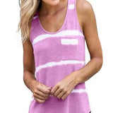 Summer Women Striped Vest Top Pocket Sleeveless Tie Dye Casual Tank Tops Fashion Sexy Beach Loose Tops Tees Female