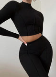 Ribbed Turtleneck Crop Top and Pants 2pc Set 618-0-Outfit