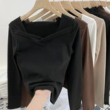 Velvet Bottomed Blouse Women's Autumn And Winter New Design Sense Minority Square Collar Irregular Sanding Western Style Slimming Blouse-Outfit