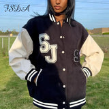 2021 Autumn Winter Oversized Baseball Jacket Varsity Bomber Women Long Sleeve Patchwork Letter Print Coat