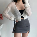 Sexy See Through Cropped Cardigan Women Thin Hollow Out Knitted Cardigans Long Sleeve V-neck Sweater Crop Tops